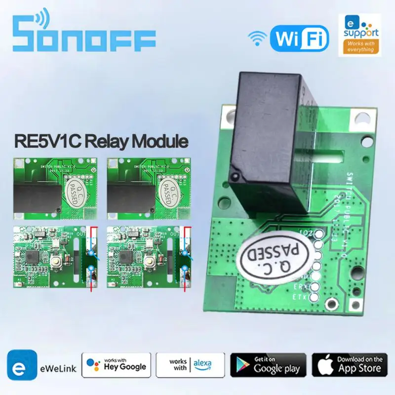 

SONOFF RE5V1C Wifi DIY Switch 5V DC Relay Module Smart Wireless Switches Inching/Self-locking APP/Voice Remote ON/OFF Modules