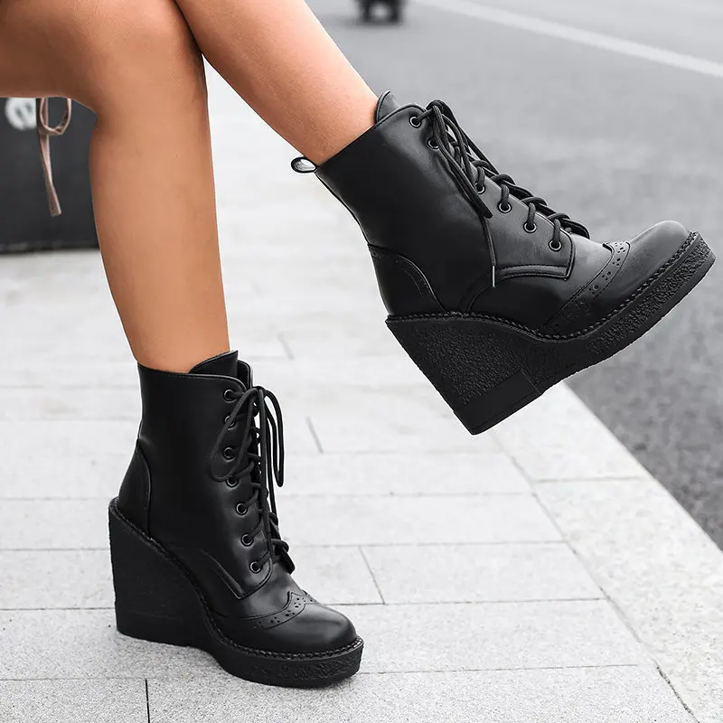 REAVE CAT Gothic Women Ankle Boots Round Toe Wedges High Heel 12cm Platform 2.5cm Lace Up Casual Short Bota Plus Size 42 43 44