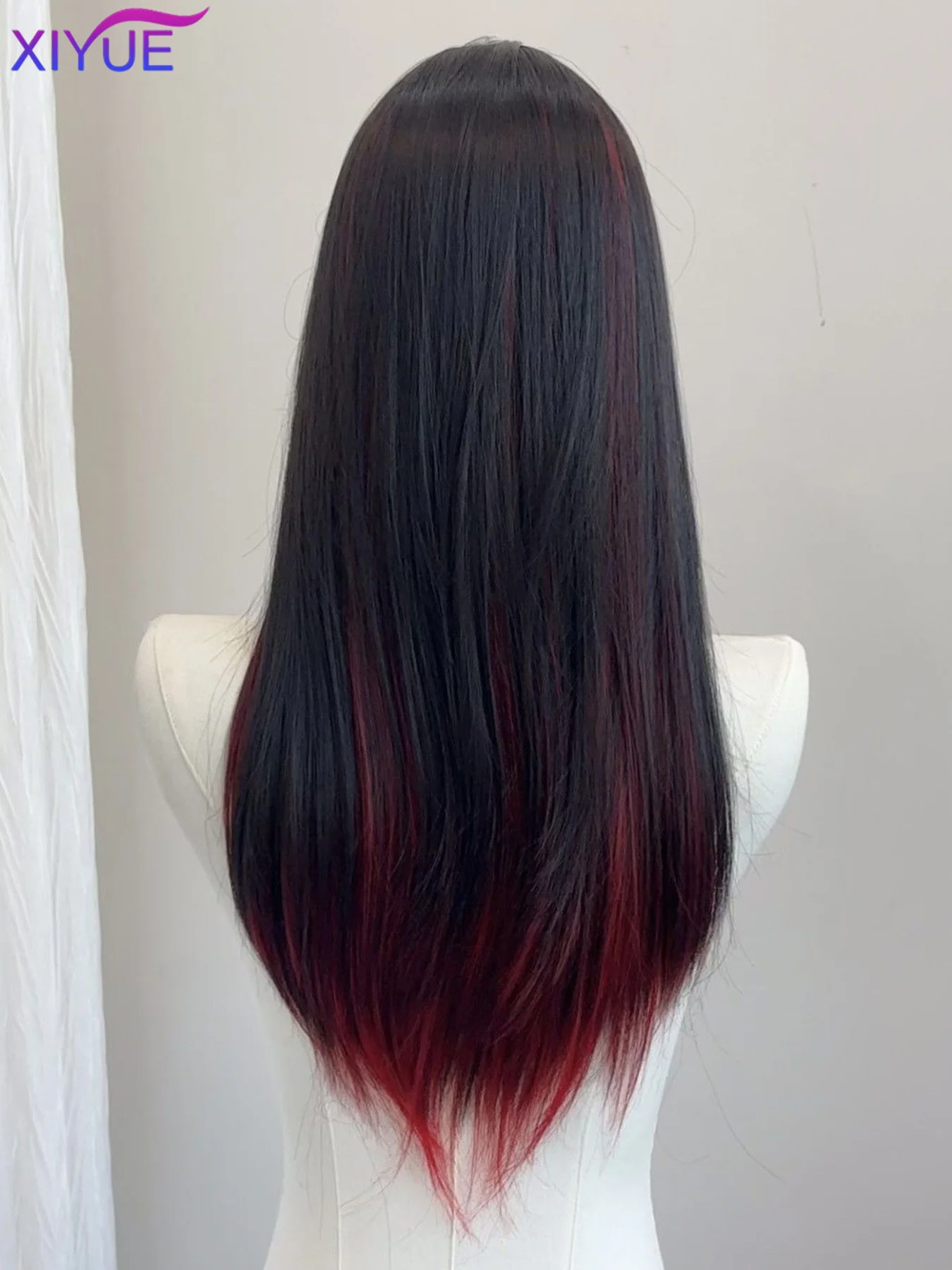 XIYUE Long Straight Cosplay Wig Women Costume Party Black Red Ombre Heat Resistant Synthetic Hair Wigs