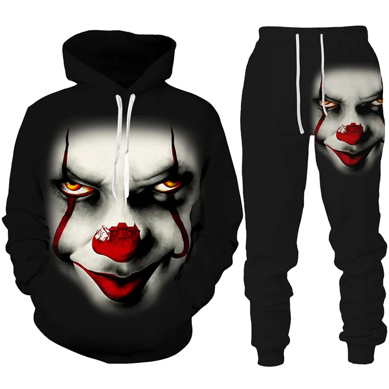 y2k Halloween Clown 3D Printed hoodies Suit Hip Hop Men/Women tops Streetwear Clothing Horror Movie Tracksuit Set New jogger
