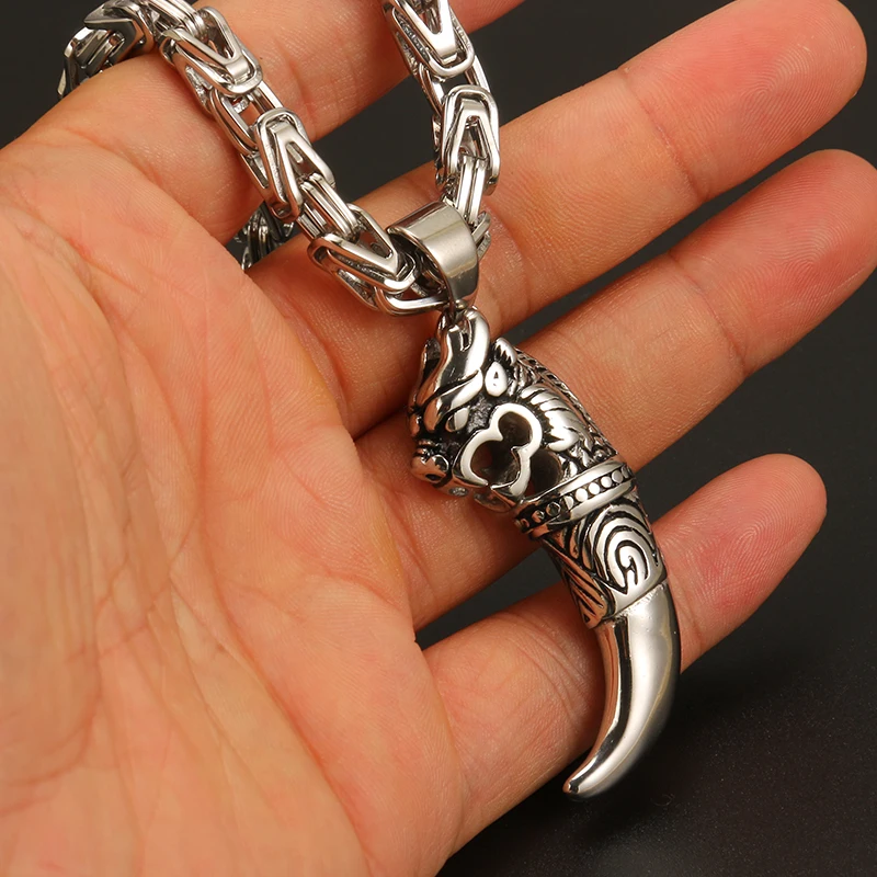 Nordic Viking Heren Gouden Roestvrijstalen Monarch Ketting Ketting Byzantijnse Ketting, Heren Viking Stijl Sieraden, Gotische Punk Hiphop 316L Roestvrijstalen Amulet (Color : Silver, Size : 80CM