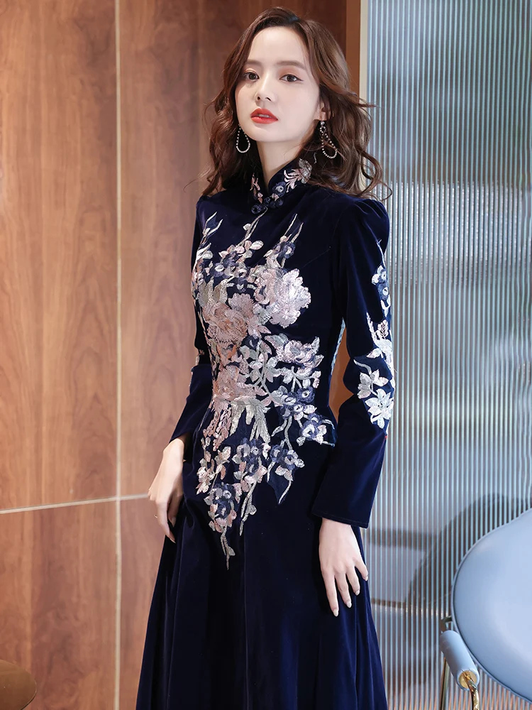 Floral Velvet Blue Dress Long Navy Blue Long Sleeve Velvet Evening Dresses  2022 Vintage High Neck