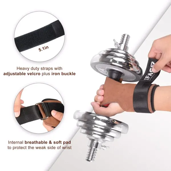 带腕带的举重握把-举重挂钩，男女硬举，引体向上，划行，家庭健身房力量训练用防滑牛皮填充运动手套(棕色)-10