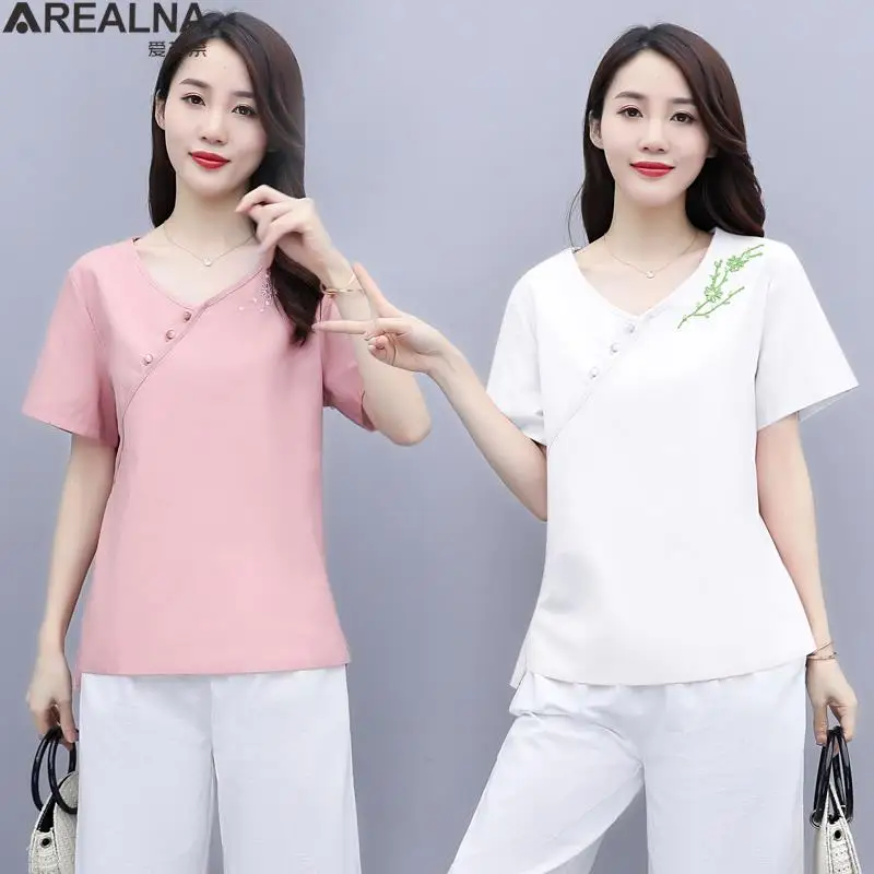 

Blusas mujer de moda 2022 summer embroidery V-neck blouse women casual loose shirts national style Cotton Linen vintage Blouses