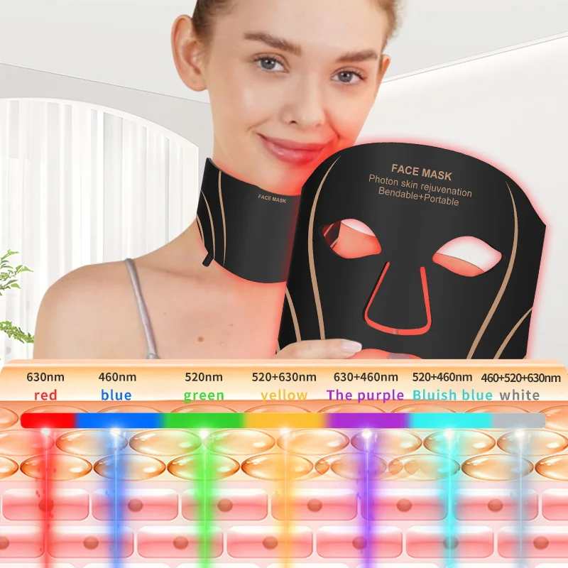 LED Facial Mask Facial Neck Mask Neck Anti Wrinkle Mask Silicone LED Mask Face With Neck 7 Colors LED Photon Red Light Therapy for Anti-Aging Wrinkles Skin Rejuvenation Beauty Mask