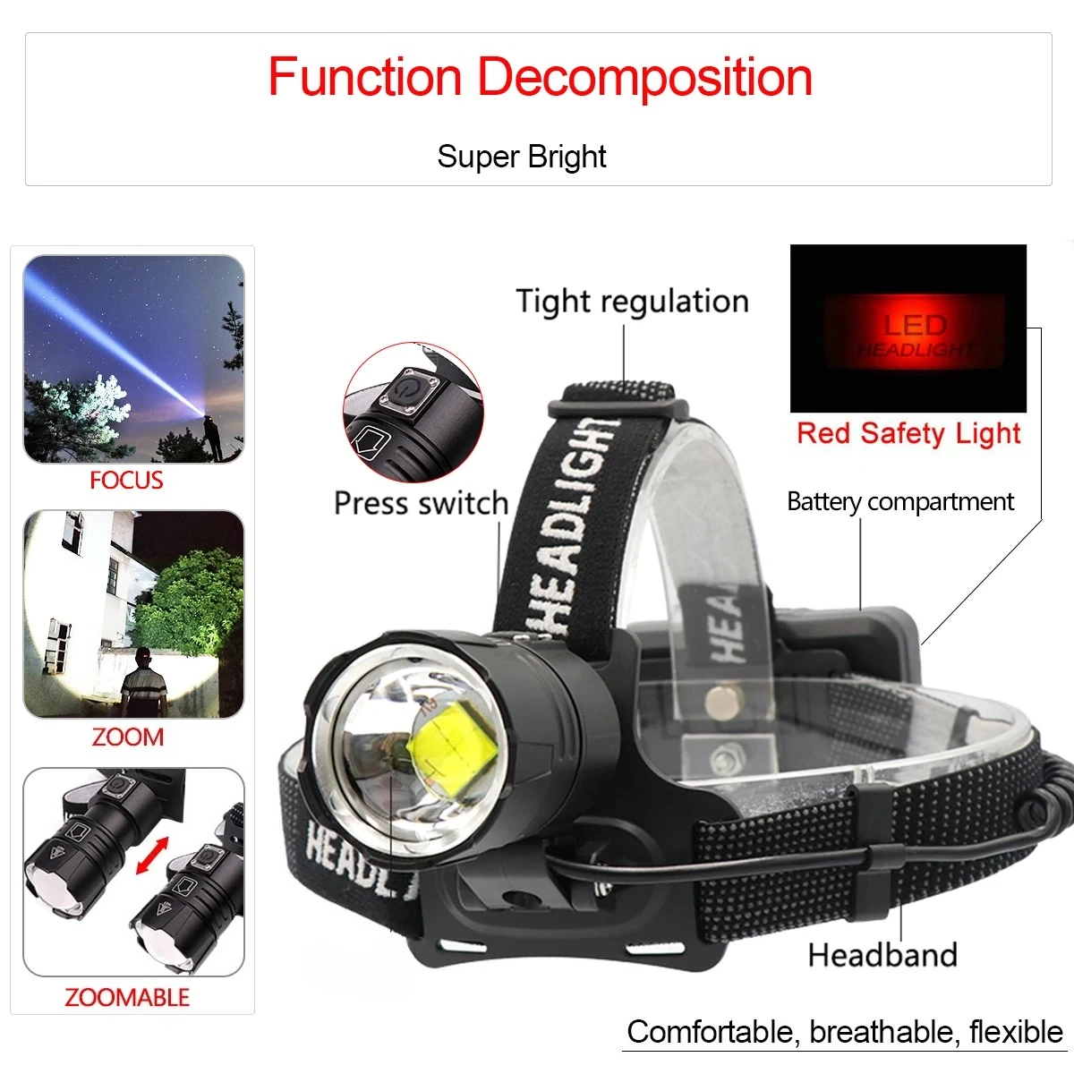 LED 헤드램프 가장 강력한 노란색 또는 흰색 LED 헤드라이트 낚시 캠핑 줌 토치 3*18650 배터리 사용