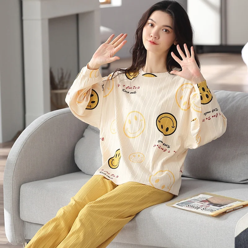 2022 New Spring And Autumn Winter Pajamas Women's Long Sleeved Pure Cotton  Cartoon Cute Loose Large Home Clothes Set