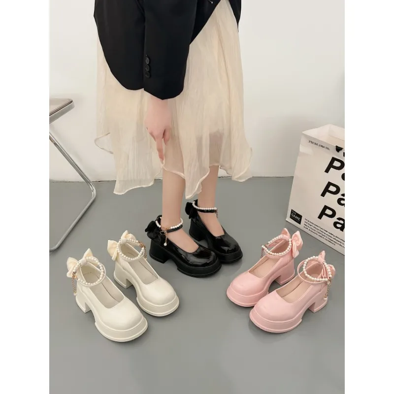 New Vintage High Heels Mary Jane Shoes for Women Patent Leather Platform Pumps Woman Pearls Chain Thick-Heeled Shoes Female