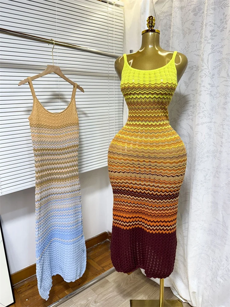 Wmstar Women Dresses Halter Knitted New in Summer 2025 Korean Bodycon Hugging Patchwork Casual Slip Long Dress New Style 2025