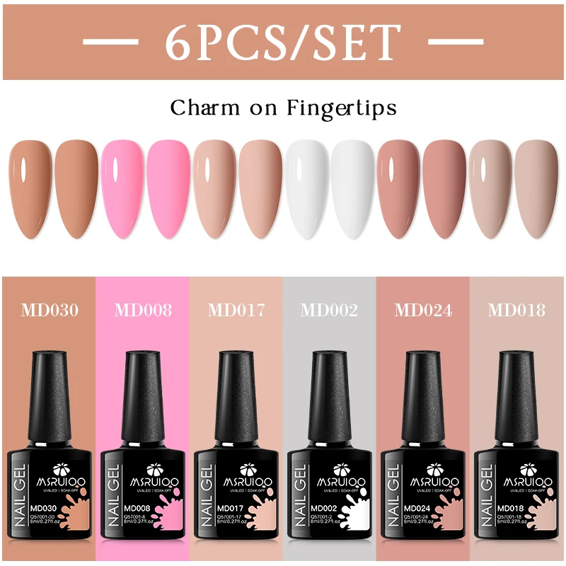 Nude Pink Gel Nail Polish Set - 6pcs Glitter & Colorful Semi-Permanent UV Gel for DIY Nail Art and Manicure