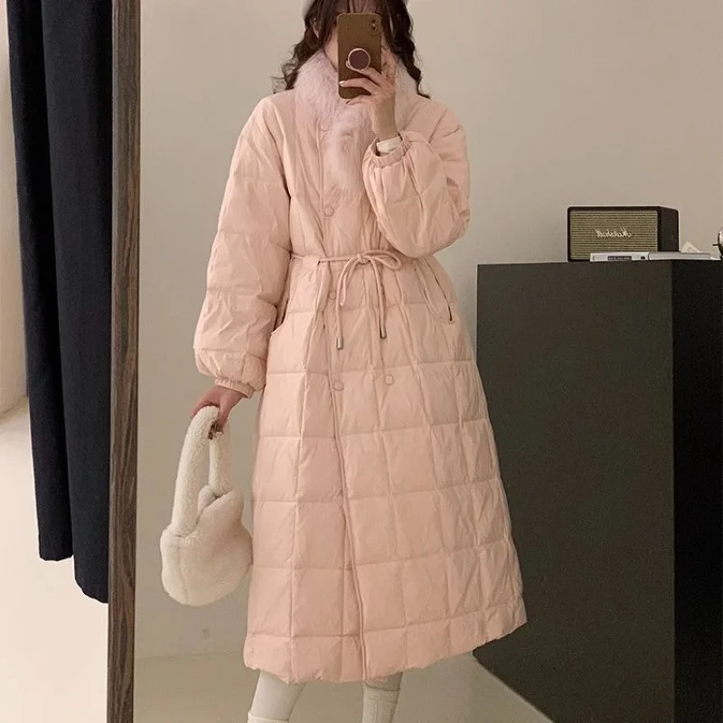 

2023 Winter New High-End down Jacket Female 90 White Duck down Fur Collar Mid-Length Waist Trimming below the Knees Coat