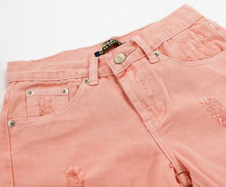 High Waist Straight Denim Pants Women Fashion Pink Orange BF Style Denim Trousers Women Ankle-length Big Hole Jeans Femme ariat jeans