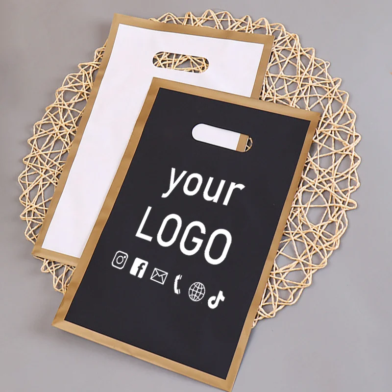 50PCS Colorful Shopping Bag With Gold Edge Customized LOGO Plastic Shopping Bag with Handle Packaging Bag Gift Bag For Business 5