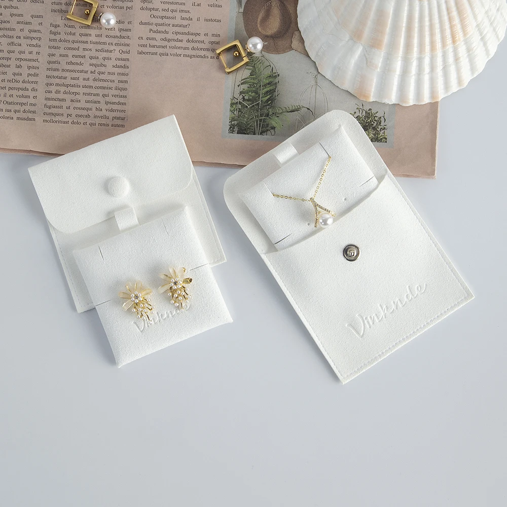 Weißer Mikrofaser-Schmuckbeutel mit Halter, individuell geprägtes, gestempeltes Logo, Wildleder-Schmuck, Ohrringe, Halskette mit Einsatzkartenblöcken – Detail 8