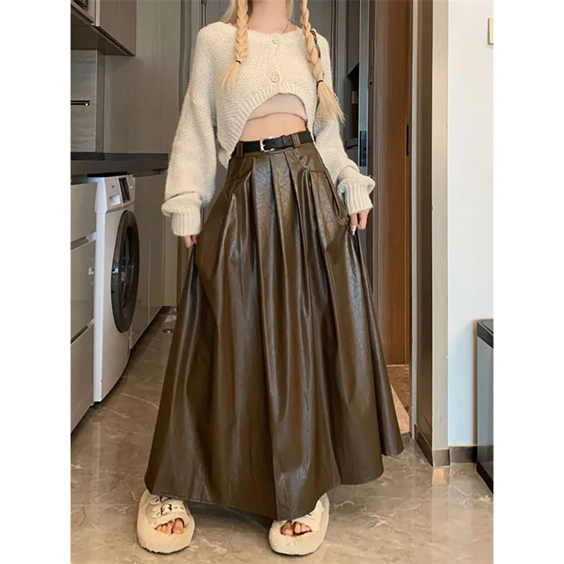 

202 3Spring Autumn Luxury Long Pleated Black Soft Pu Leather Skirt202 3Spring Autu Women High Elastic Waist Korean Style Clothes