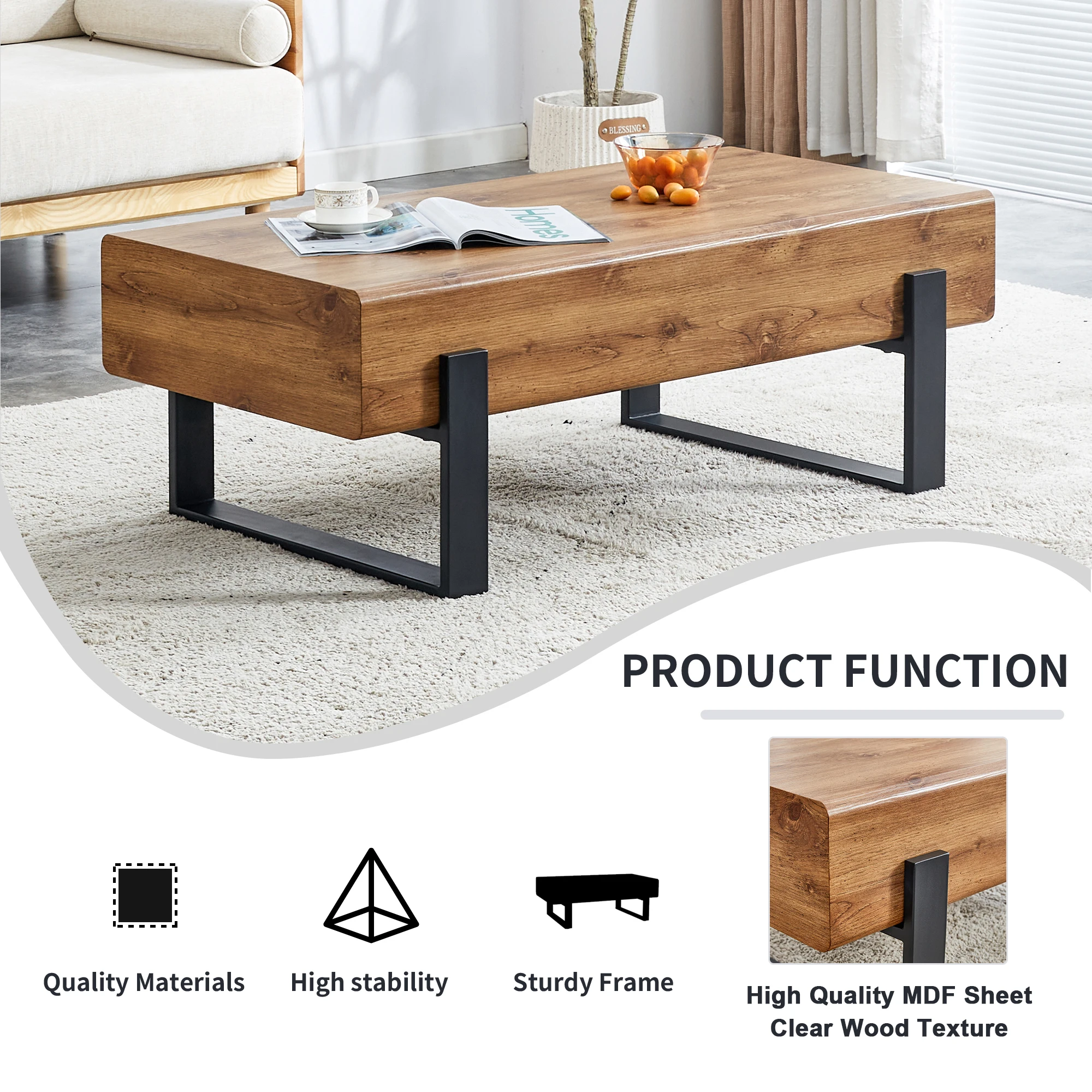 Rustic MDF Coffee Table With Metal Legs-Natural Wood Tone Elegance For Your Space Suitable For Living Room Sofa Table