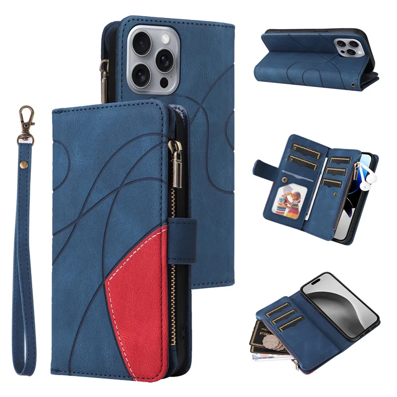 Luxury Zipper Leather Wallet Case with Card Holder and Lanyard