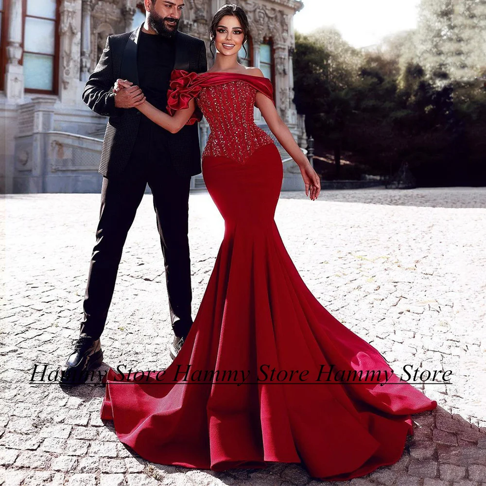 Hot Red Mermaid Evening Dress Sexy Boat Neck Beading Sequined Sweep Train Vestido De Festa Longo Arabic Prom Party Gown