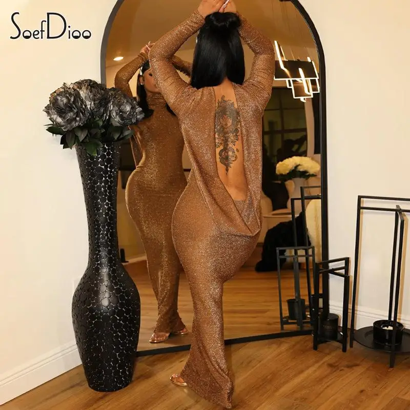 

Soefdioo Elegant Solid Shiny Long Sleeve Backless Bodycon Dress Women Autumn 2023 Sexy Party Vestidos Evening Dresses