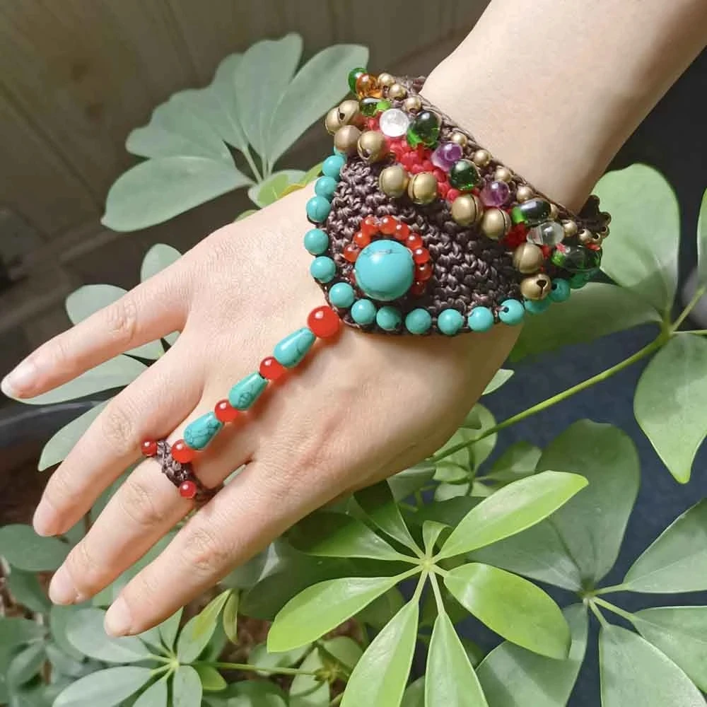 de cuerda hechas a mano con piedras tejidas para mujer, brazaletes de mano de dedo étnicos con campanas Vintage bohemias, joyería india de Nepal| | - AliExpress