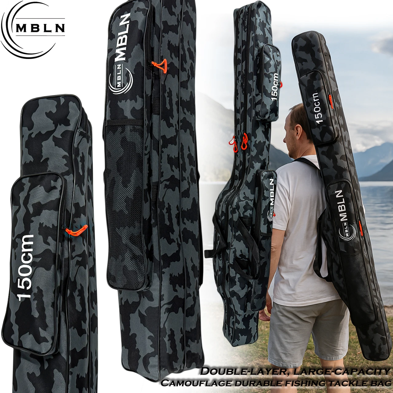 Sac pêche MBLN double couche pliable grande capacité 1.5m, sac à dos canne multi-fonctions rangement
