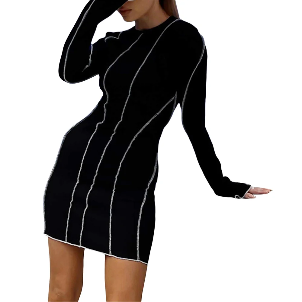 Douhoow Women Ribbed Mini Dress Sexy Contrast Color Long Sleeve Crew Neck Party Short Dress Soft and Comfortable Female Dresses