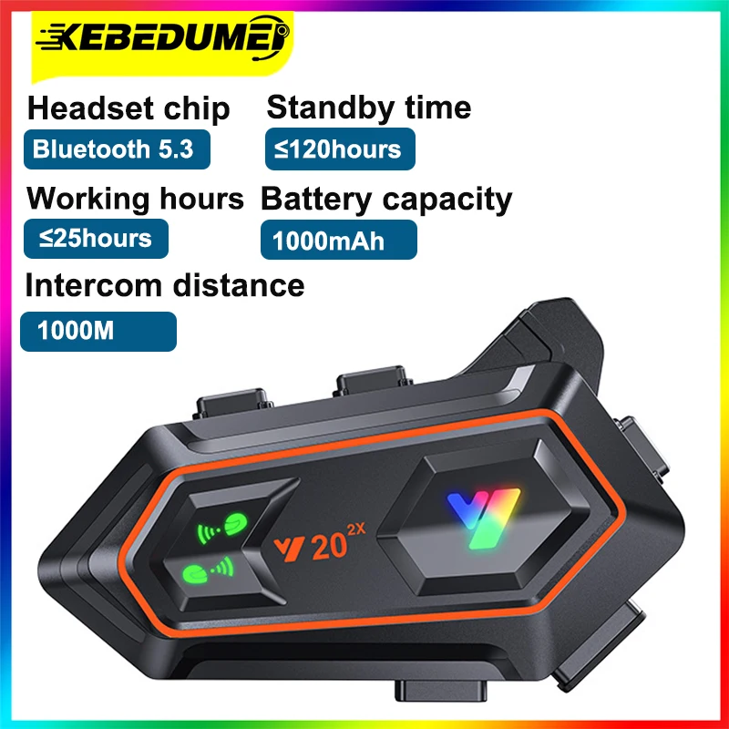 

Kebidumei Y20 Motorcycle Bluetooth Intercom 1000M Waterproof Interphone Noize Reduction Communicator With Soft and Hard Micphone