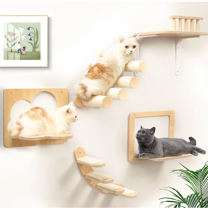 

Cat Climbing Wall Mounted Set Hammock Scratching Post for Cat Wooden Furniture Ladder Steps Cats Sleeping and Playing