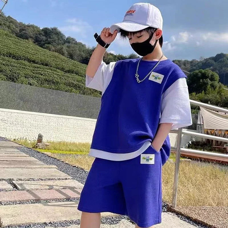 

Boys Summer Suit Kids Short Sleeve T-shirt +shorts 2pc Sports Casual Outfits for Teenage Boy Clothing Sets