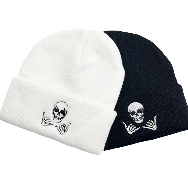 Gorro De Punto Bordado Fantasma Halloween - Unisex Negro, 100% Acrílico, Ajuste Cálido Y Elástico