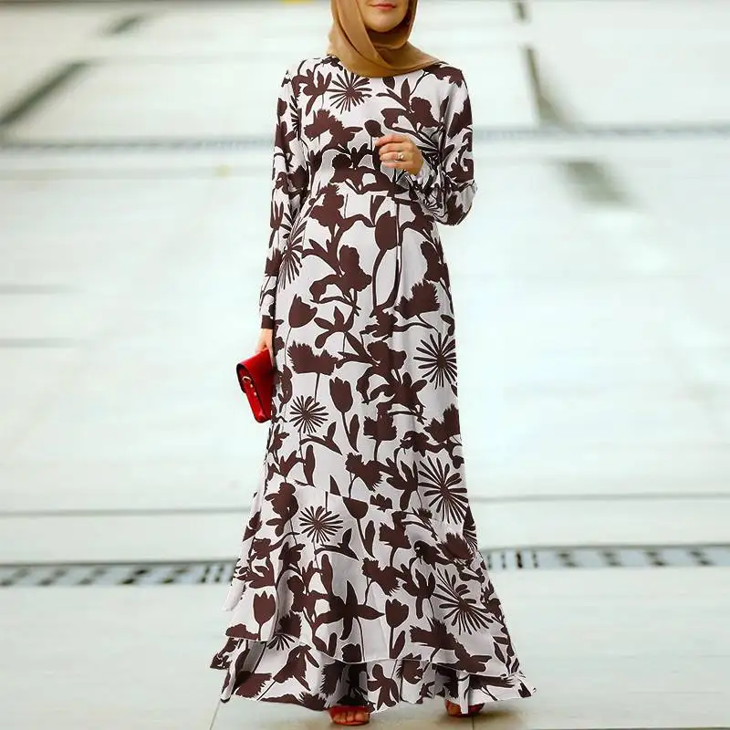 2023 Hot Sale Abayat Muslim Abaya Femme Boho Print Ruffle Hem Elegant Islamic Women Dress for Middle East Arabian Turkey