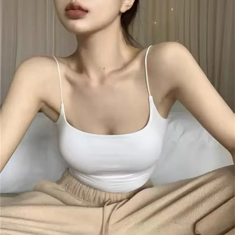 Women Crop Tops Ice Silk Summer Bra Sports Spaghetti Strap Vest Top Built In Bra Off Shoulder Sleeveless Camisole