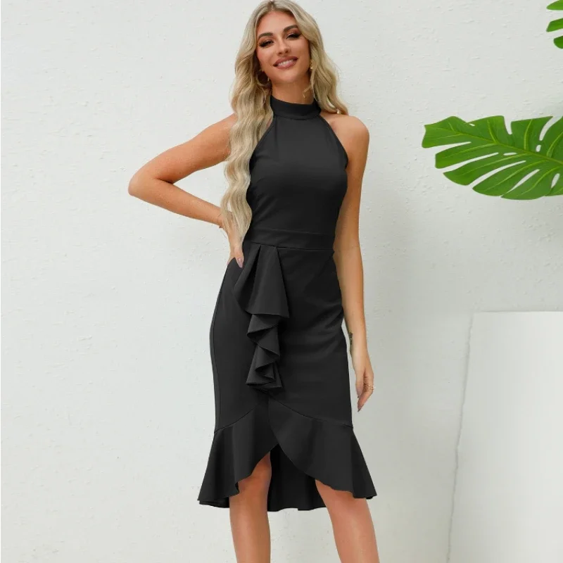 

Women's Hip-hugging Sexy Slim-fit Stand-collar Sleeveless Ruffled Fishtail 2024 Summer Dresses