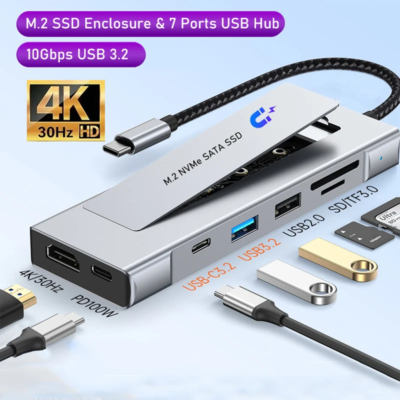Hub USB 8 en 1, carcasa M.2 NVMe SATA SSD, almacenamiento USB3.2 tipo c a HDMI, estación de acoplamiento para ordenador portátil, adaptador USB para Macbook - AliExpress