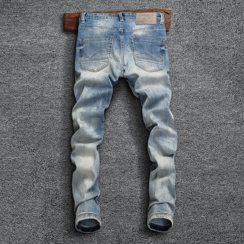 Italian Designer Fashion Men Jeans High Quality Retro Blue Elastic Stretch Ripped Jeans Men Vintage Denim Pants Hombre Trousers