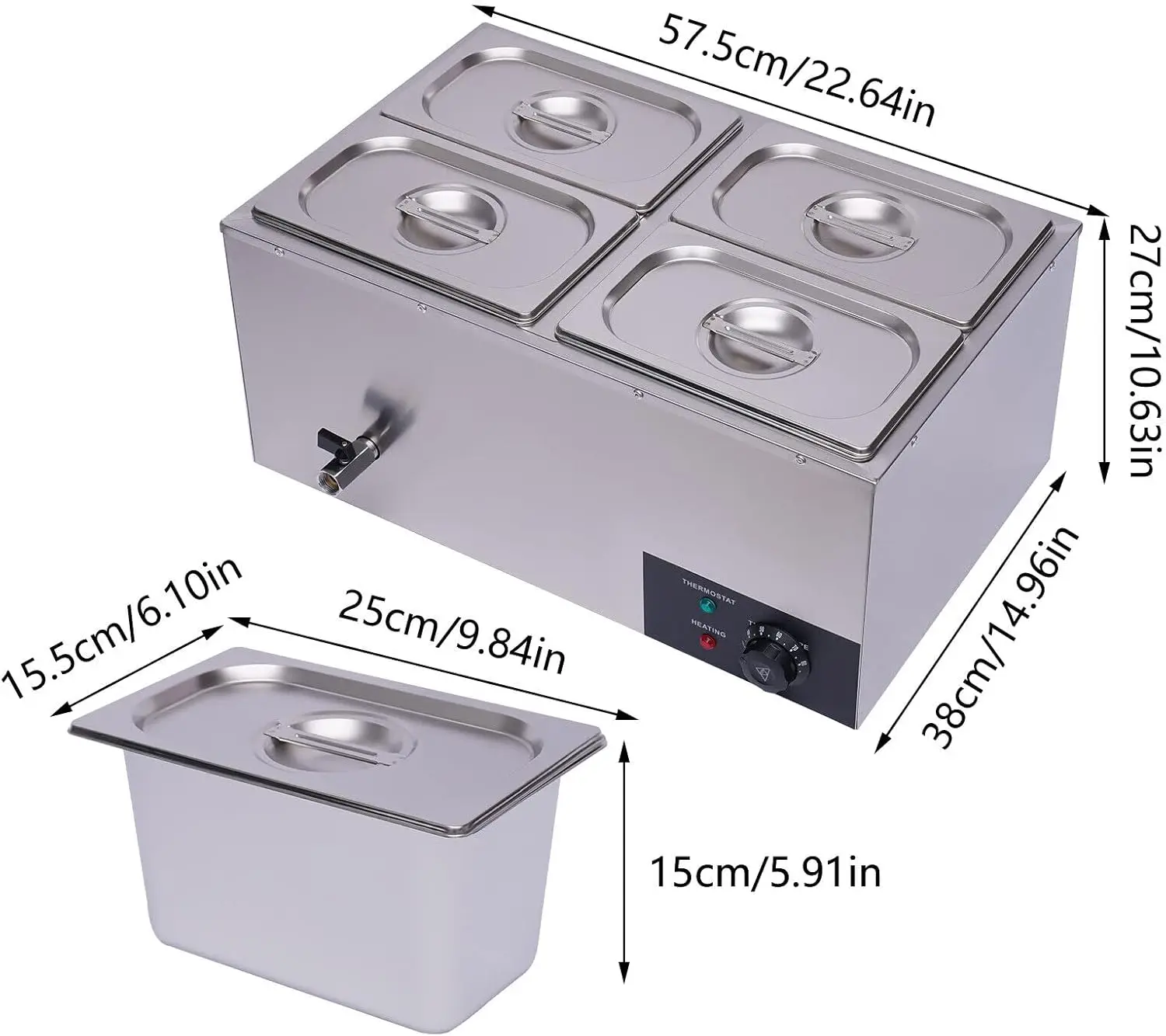 Marie Steam Table, Commercial Countertop Steam Table Food Warmer 600W 16.9Qt Stainless Steel Electric Food Soup Warmer with Lid