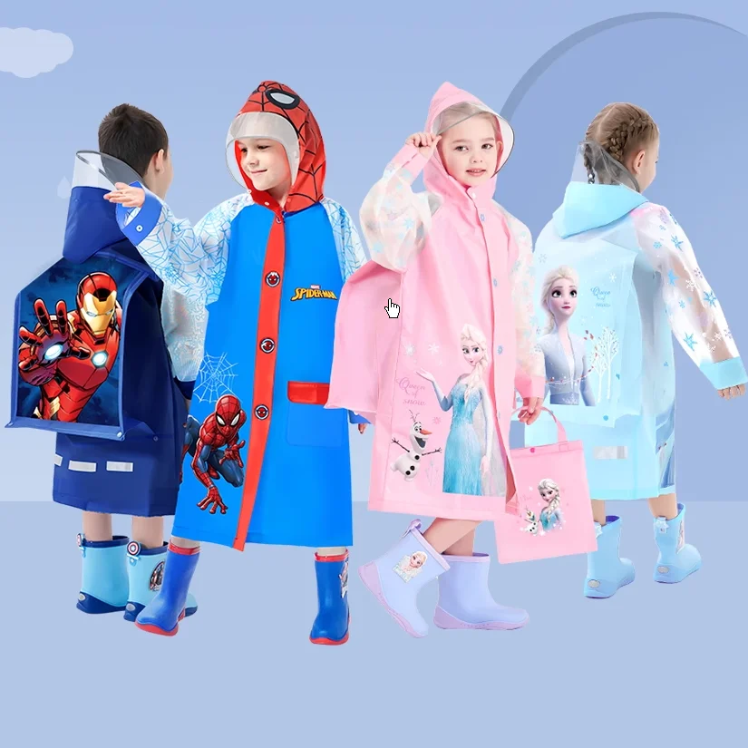 Raincoat Poncho Disney Kids Wateproof Elsa Spider-Man with Backpack Position Student RainWear