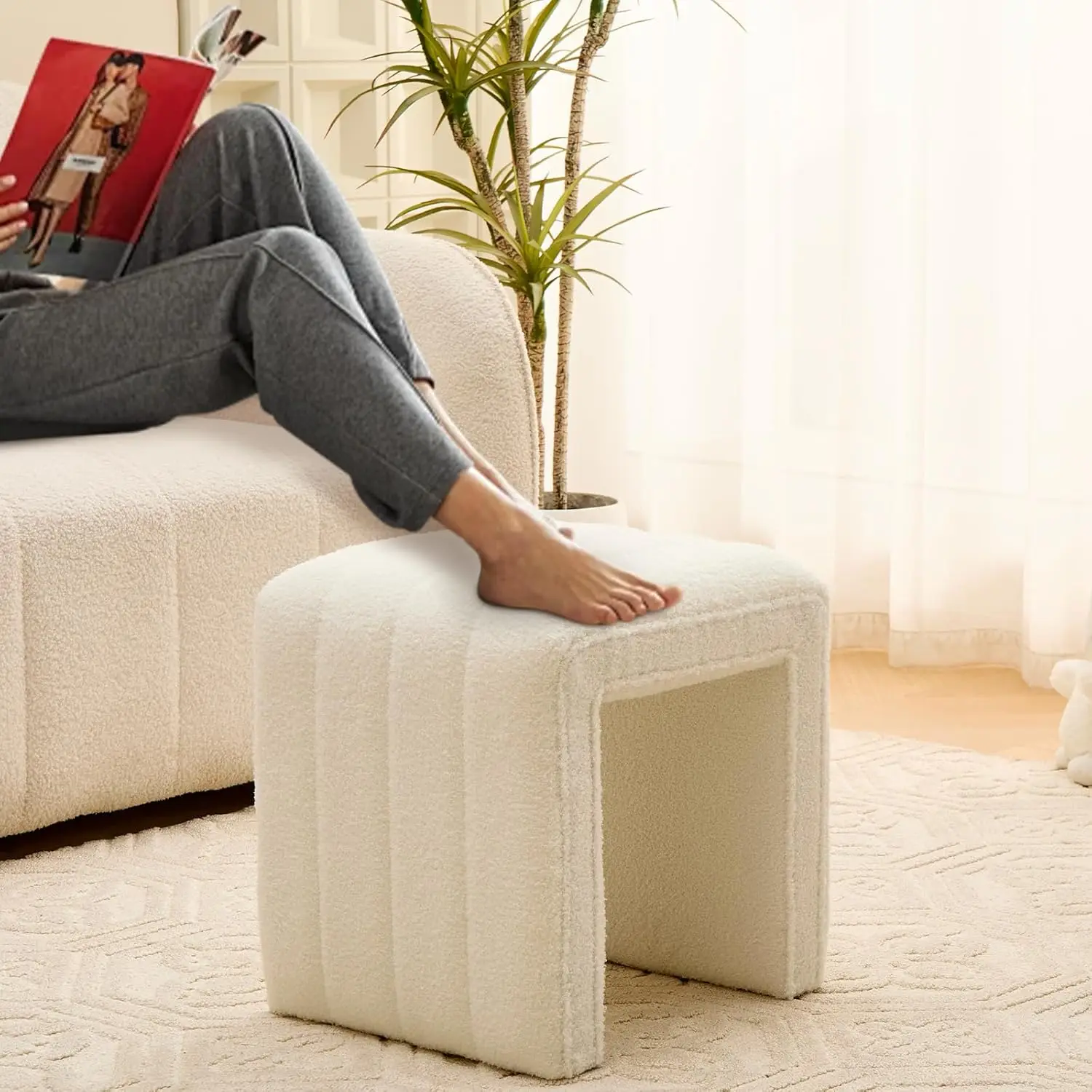 Wimarsbon Vanity Stool Chair, Modern Teddy Velvet Ottoman Footrest, Sofa Bench Footstool Extra Seat, Home Decor