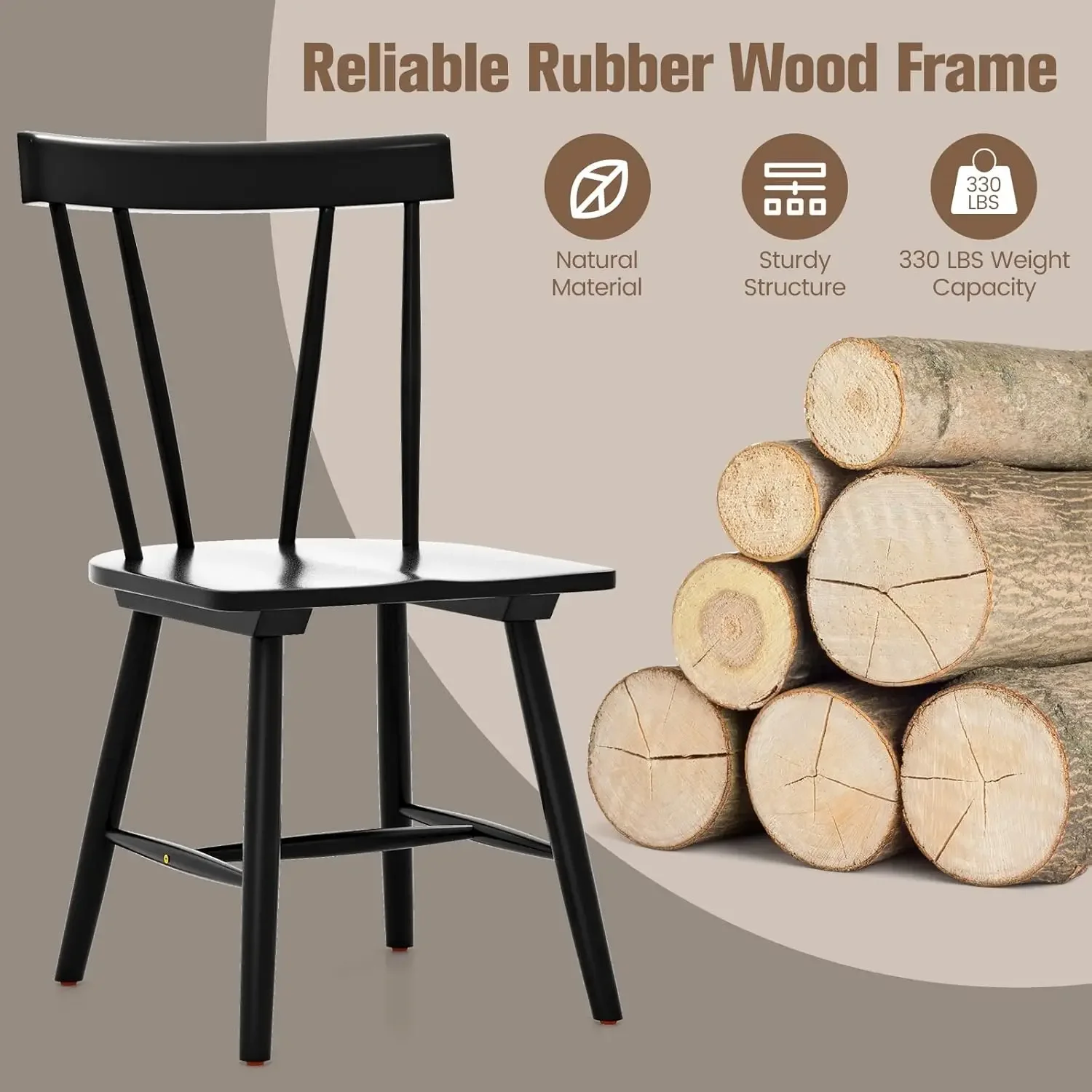 Set of 4 Windsor Chairs, Rubber Wood Dining Chairs with Spindle Back, Wide Seats, Anti-Slip Foot Pads, Max Load 330 Lbs, Armless 6