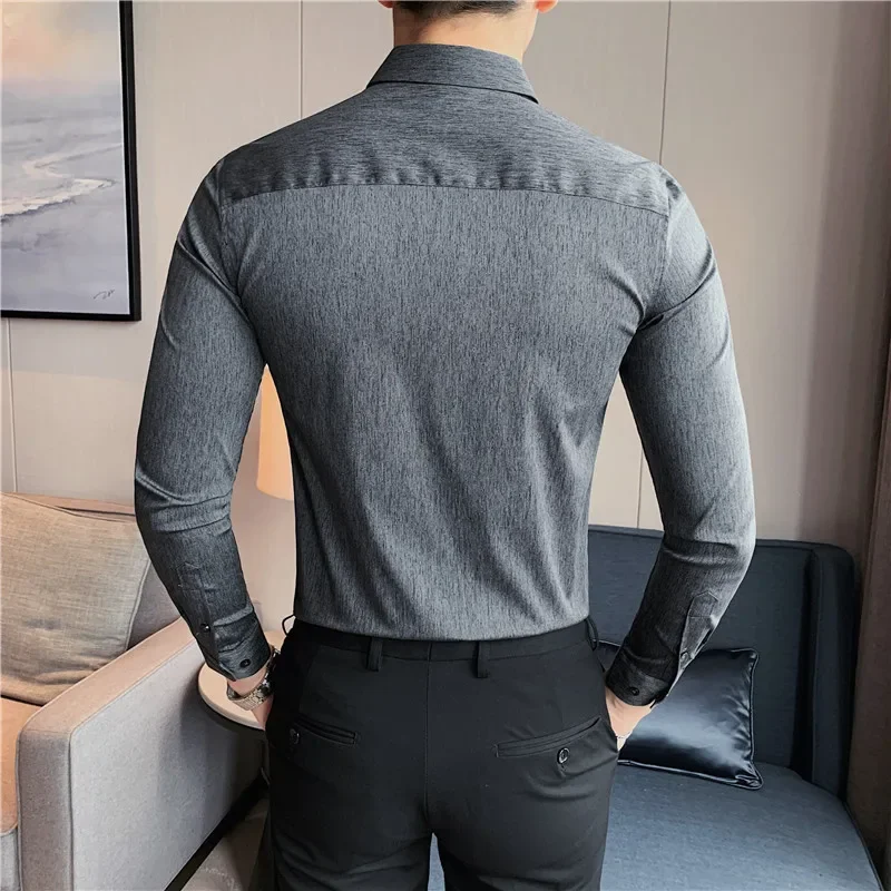 Men Casual Shirts British Style Men Long Sleeved Shirt 2025 Autumn Anti-wrinkle Soft Solid Casual Elastic Slim Fit Camisas Y Blusas Men Clothing