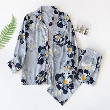

Spring and summer new ladies 100%viscose pajamas long-sleeved trousers two-piece thin print home wear ladies loose plus size set