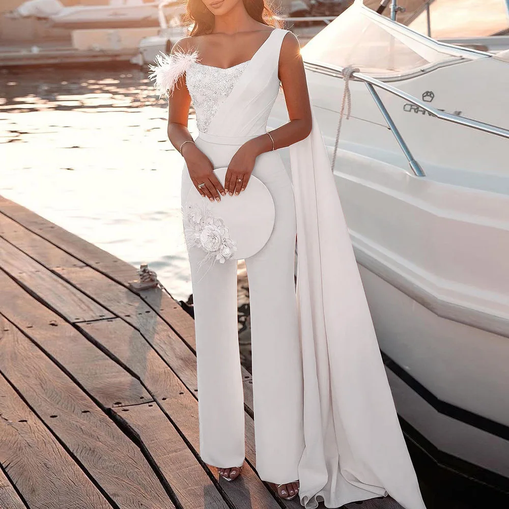 Formal Evening Party Jumpsuit Women Overalls White Feather Fashion One