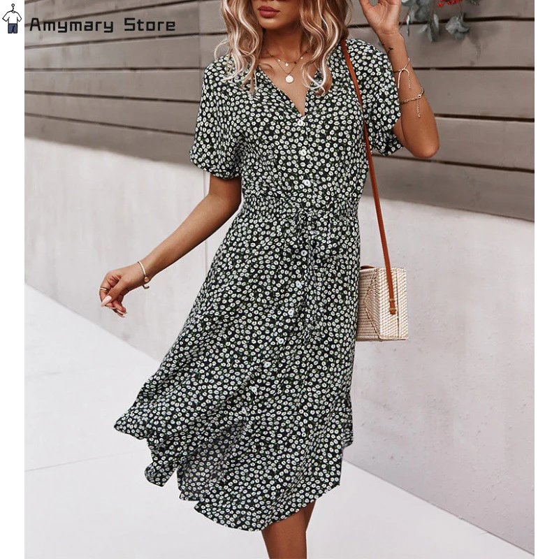 

Summer Women's Casual Floral Dress V-neck Lapel Short Sleeve Button Belt Big Swing Loose Dress Holiday Seaside Beach Sundress