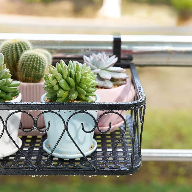 Wrought iron storage shelf, flower rack, balcony hanging plant shelf for railing, pot stand, space saving organizer