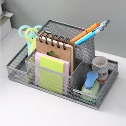 Sleek Black Mesh Desk Organizer with Pencil Holder & Storage Baskets - 3 - Compartment Office Supply Caddy (4 grids silvery)