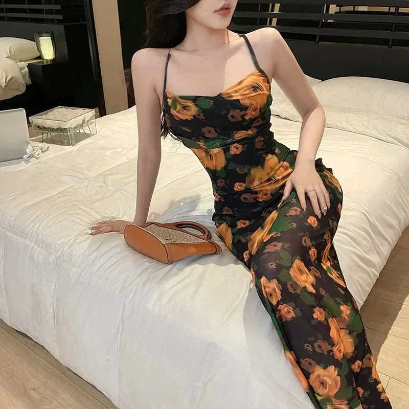 2024 Summer Women Beach Outings  Retro Rose Backless Halter Dress New Slim Fit Skirt Floral Spandex Wear Swimsuit CSM10JY23741