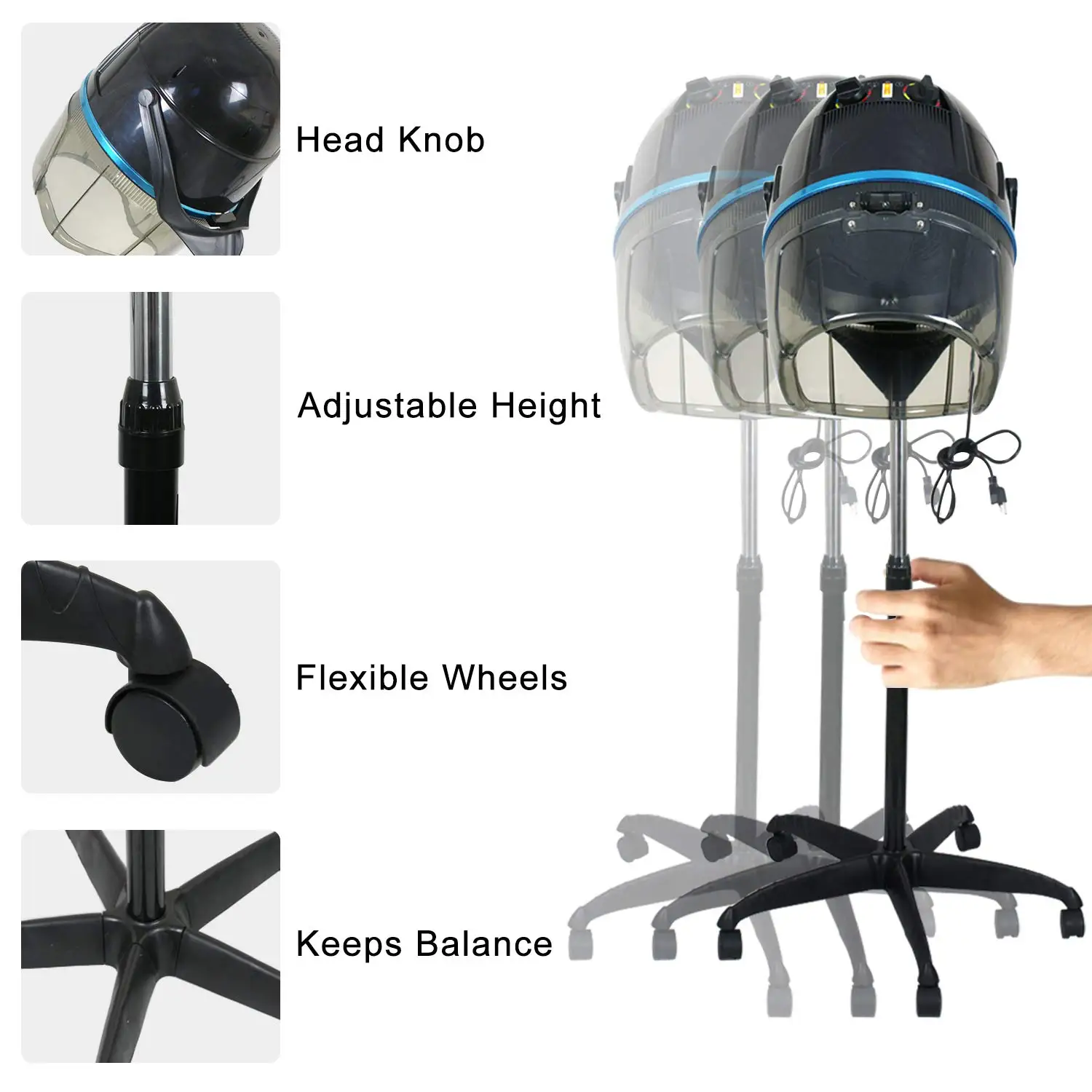 1300W Adjustable Stand Up Hair Dryer with Bonnet Style Hood