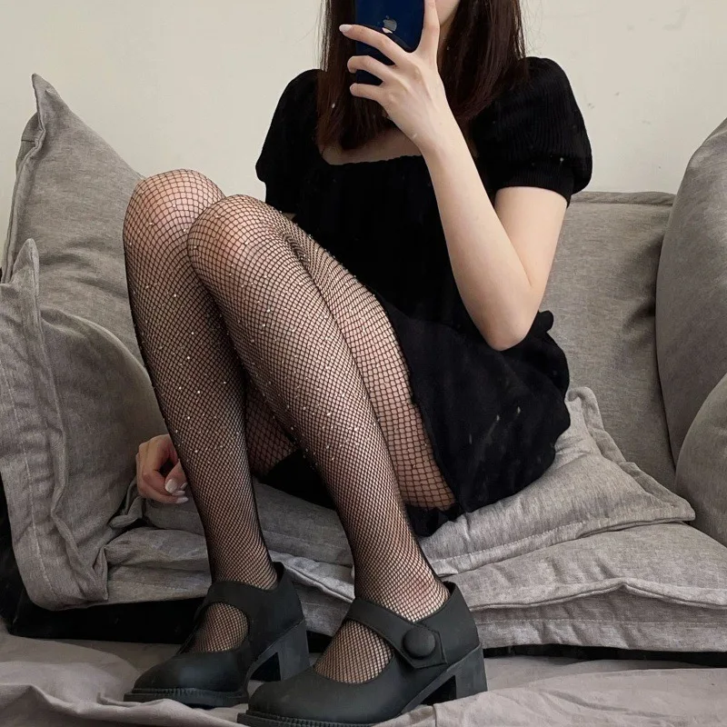 New Sexy Women's Glitter Fishnet Tights Nylon Black White Mesh Pantyhose Shiny Rhinestone Lady Tights Sexy Hollow Out Stockings