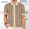 Vintage Striped Crochet Knitted Shirts Mens Spring Summer Casual Short Sleeve Buttoned Lapel Knit Tops For Men Trendy Cardigans 1