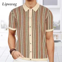 Vintage Striped Crochet Knitted Shirts Mens Spring Summer Casual Short Sleeve Buttoned Lapel Knit Tops For Men Trendy Cardigans 1